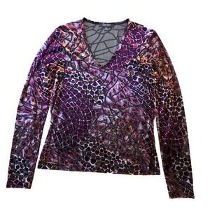 Karen Kane Womens Med V Neck Velvet Snakeskin Print Mesh Sheer Purple Animal Top